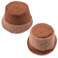 Women's reversible brown suede bucket hat with cozy faux shearling trim for winter warmth - Reversible / Camel