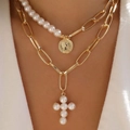 Double-layered gold chain necklace with pearl cross pendant and vintage coin charm - Retro Portrait Coin Double Layer Pearl Cross Necklace (5038)