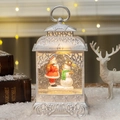 Silver retro Christmas lantern with Santa Claus, snowmen, and warm LED glitter lights - Hollow White Santa Snowman