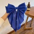 Elegant royal blue oversized satin bow hair clip with long flowing ribbons for women - Ribbon Bow Spring Clip / Blue