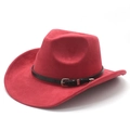 Classic wide brim red suede western cowboy hat with decorative embossed black leather band - M (56-58cm) / Wine Red Suede