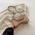 Golden sequin evening bag with silver bow accent and metal chain shoulder strap - Gold