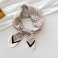 Elegant white square silk scarf with coffee brown plaid pattern and solid borders - Small Grid Brown