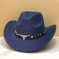 Classic navy blue wool felt cowboy hat featuring black band with silver bull head buckle - M (56-58cm) / Navy Blue (Black Bull Head Band)