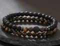 Ensemble de bracelets en œil de tigre et perles noires mates avec boule sertie de zircons - Oeil de Tigre + Noir Mat + Boule de Strass Noire