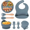 Blue-grey silicone baby feeding set with suction bowl, divided plate, bib, and cups - Sea Blue-8Pcs Set