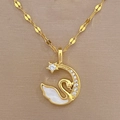 Detailed close-up of golden swan necklace with inlaid mother-of-pearl and crystal star - Gold Swan Moon Style (E310)
