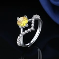 Silver open ring with a yellow round stone and white zircon accents on black background - Yellow Diamond Ljz-246 / Adjustable Open