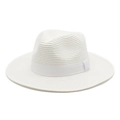 Close-up of white woven Panama hat with matching grosgrain ribbon for summer sun protection - M (56-58cm) / White