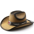Vintage western straw cowboy hat with distressed brim and turquoise gemstone buckle detail - M(56-58cm) / Khaki and Coffee Gradient