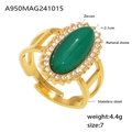 Adjustable gold stainless steel ring with a large green oval natural stone and zircons - US Size 7 (Adjustable) / Gold-Natural Green Agate