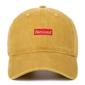Detailed view of Blessed embroidery on yellow washed cotton vintage baseball cap - Yellow