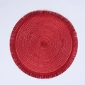 Dark red round woven placemat with sparkling silk metallic thread and fringe edge - Red Metallic Silk Tassel Round