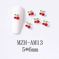 Detailed view of 5x6mm 3D cherry nail art charm with red rhinestones and green leaves - Gold Base Small Red Cherry (AM13)