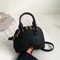 Mini black crocodile embossed shell bag with golden hardware and top handle strap - Black