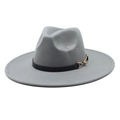 Detail of grey wool fedora hat with black leather strap and gold buckle accent - Adult 56-59cm / Light Gray