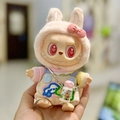 Pink rabbit hat and beige patchwork overalls set for Labubu vinyl pendant doll - Frog Water Bottle Set / First And Second Generation Keychains Are Compatible With La Cloth Dolls. Dolls Not Included.