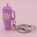 Purple mini tumbler cup keychain with white daisy floral design and metal lobster clasp - Purple Flower Cup Keychain