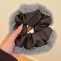 Brown and grey plush oversized polka dot scrunchie with faux fur edging detail - Grey Furry Edge Scrunchie