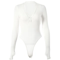 White V-neck ribbed knit bodysuit with long sleeves, button detail and thumb holes - M / White