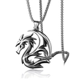 Gothic flying dragon pendant necklace in vintage silver steel with a classic box chain - Double Sided Dragon Style