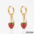 Pendientes de aro dorados con fresa de esmalte rojo y perla barroca blanca - Estilo de Pendientes de Perla y Fresa Dorado (KD3304)