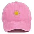 Pink washed cotton baseball cap with yellow sun embroidery in a retro vintage style - Pink