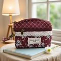 Detail of floral burgundy fabric coin purse with white lace trim and handmade label - Purplish Red Grid Coin Purse