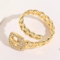 14K gold plated geometric ring featuring a cuban chain band and zircon belt buckle detail - Watch Band Style / Gold