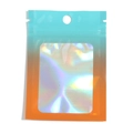 Detail view of colorful packaging bag with zipper seal and laser holographic window - 7*10cm / Orange Blue