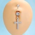 Silver-plated heart cross navel ring with white zircons on a blue background - Cross Dangle (WG-1242)