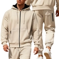 Men's fleece athletic tracksuit featuring beige zip-up hoodie and matching joggers set - S / Khaki