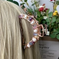 Rose gold hair claw clip with natural amethyst stones and pearls on a model - Fluorite + Deep Sea Pearl Rose Gold Hair Claw