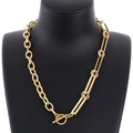 Asymmetric gold stainless steel necklace with paperclip chain and OT toggle clasp - Asymmetric Splicing Style / Gold (KN203296-KFC)