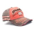 Detail view of distressed edges and vintage Rockstar embroidery on washed denim cap - Adjustable / Orange