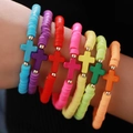 Bohemian colorful heishi bead cross bracelets set in vivid rainbow clay styles - SY0006-1 (7 Pieces Set-Colorful Clay)