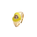 Anillo ajustable de cobre chapado en oro con corazón de esmalte amarillo y circonita central - Abierto Ajustable / Amarillo