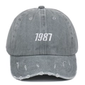 Vintage graue 1987 Stickerei Baseballkappe mit gewaschenem Stoff und Fransendetails - Distressed Grau