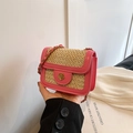 Mini pink contrast trim straw flap bag with floral buckle and chain shoulder strap - Rose Red