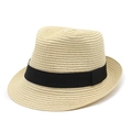 Classic straw Panama fedora hat with black ribbon band for sun protection on white background - M (56-58cm) / Beige