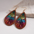 Detail of bohemian teardrop earrings featuring dark wood and colorful acrylic leaf patterns - Ear Hook-Style 2 (Abstract Leaf Veins)