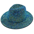 Detailed top view of a black fedora hat covered in rainbow AB rhinestones and crystals - Iridescent AB Color (02 Color Flat Brim Rhinestone)