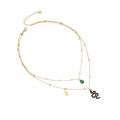 Double-layered gold snake necklace with green teardrop pendant and crystal accents - Double Layer Gold Necklace Green Water Drop Black Snake Pendant (9#)