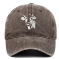 Vintage washed cotton baseball cap with white cow embroidery in dark charcoal grey - Adjustable / Coffee