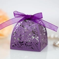 Purple laser-cut paper wedding candy box with floral patterns and matching silk ribbon bow - Dark Purple