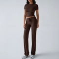 Women's two-piece casual set featuring a dark brown short sleeve t-shirt and matching pants - S / Brown