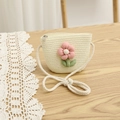 Detail of straw woven crossbody bag with pink plush flower decor and zipper closure - 52cm 3-6 Years / Bag-Creamy White
