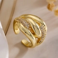 Anillo ajustable de cobre chapado en oro de 18K con piedras de circón brillantes - Estilo de Cruz de Múltiples Capas (14122)
