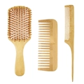 3-piece natural bamboo hair brush set including paddle brush, wide-tooth and tail comb - 3pcs Set: Square Paddle + Wide Tooth + Tail Comb