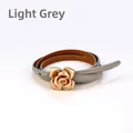 Elegant light grey leather skinny belt with a golden 3D rose flower buckle for women - Light Gray / 105cm